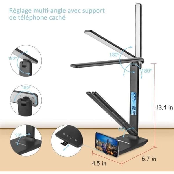MAGICFOX Dimbar LED Bordlampe, 3 Moduser - 3 Lysstyrkenivåer - LCD-skjerm - Trådløs Ladefunksjon - Gratis LED-pære