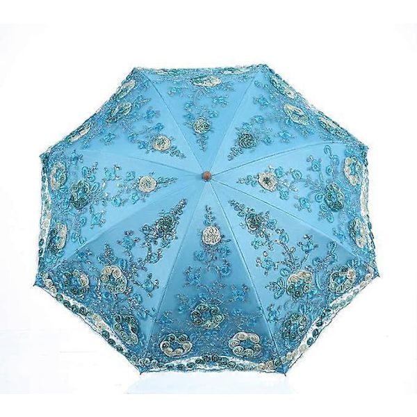 Vikbart UV-parasoll Snö/Regn/Sol Paraply Broderi Bröllopsparaply Blue