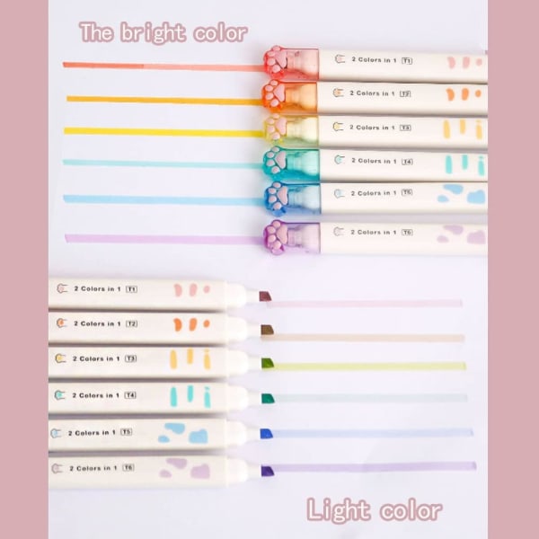 Cute Color highlighter dubbeländad 12-färgs ögonskyddsmarkör med platt spets, perfekt för textmarkering, barn, kontor, skola (söta katttassar 12 färger)