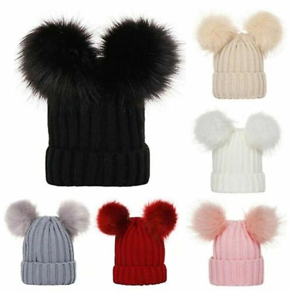 Nyfödd Baby Pojkflicka Dubbel Päls Pom Pom Hatt Vinter Varm Stickad Bobble Beanie Black Kids(0-3Y)
