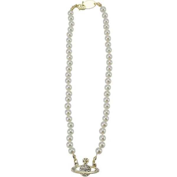 Strass Faux Planet Saturnus Pärlhalsband för Kvinnor Smycken, Falsk Pärlkrage Hänge ett Halsband Män med Charm för Flickor Y2k Smycken Damer Gold