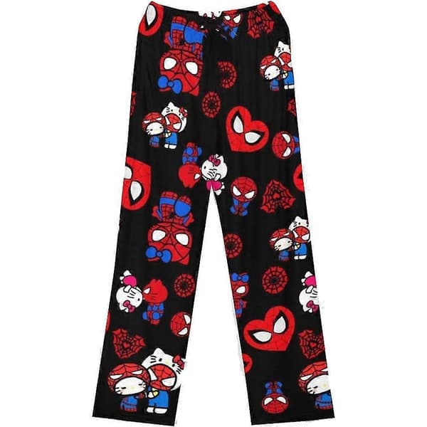 Pyjamasbyxor för kvinnor och flickor med tecknad katt, elastisk midja, sovkläder, mysbyxor Black Kitty XL