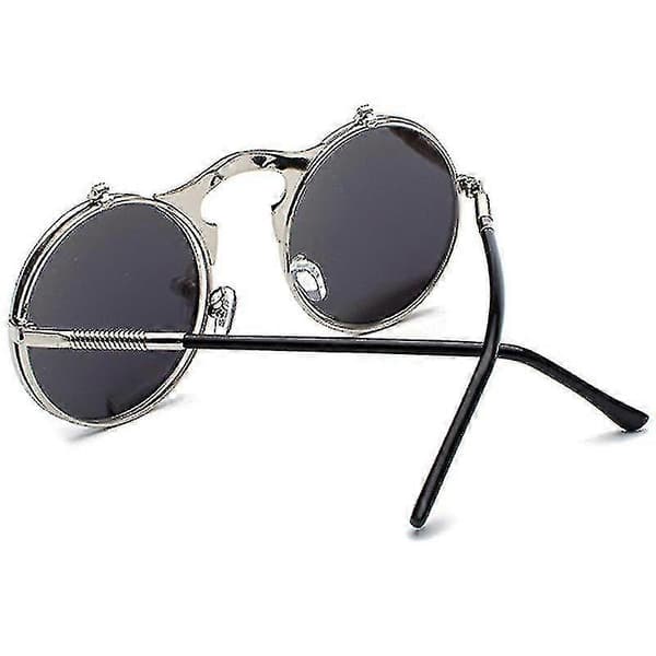 Herr Unisex Solglasögon Uppfällbara Linser Runda Glasögon Silver Frame Blue Lenses