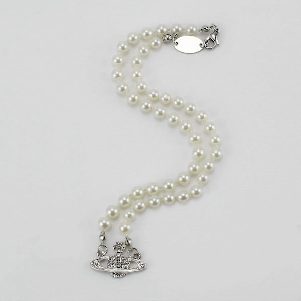 Strass Faux Planet Saturnus Pärlhalsband för Kvinnor Smycken, Falsk Pärlkrage Hänge ett Halsband Män med Charm för Flickor Y2k Smycken Damer Silver