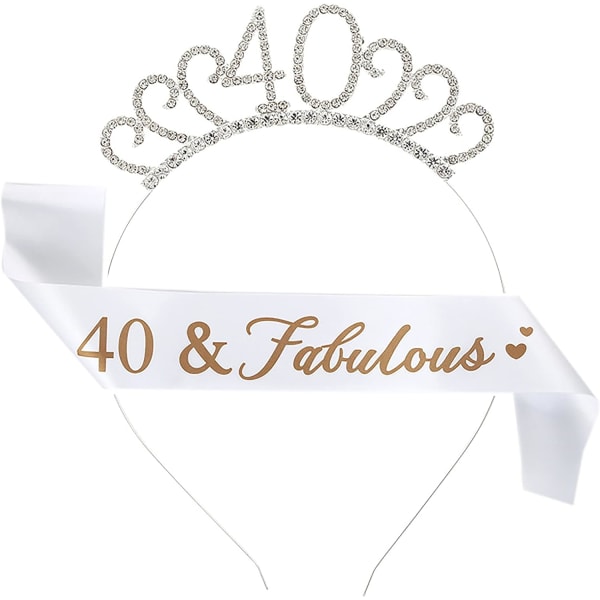 40-års skärp och tiara för kvinnor 40-årsdekoration Crystal Crown Tiara och 40 & fantastisk födelsedag skärp 40-årsdag kostym Set