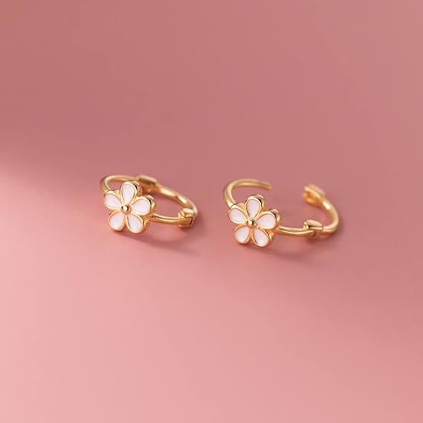 925 Sterling Silver Blomster Hoop Örhängen Huggie Örhängen för Kvinnor Tonåring Hoop Örhängen Små Daisy Örhängen Gold