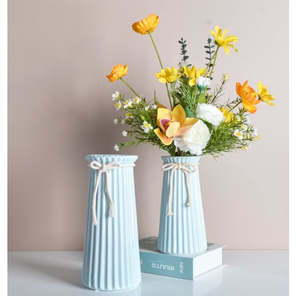 Vita keramiska ribbade vaser för minimalistisk modern heminredning, dekorativa blommor Vas för bröllop Middagsbord Office Sovrum - 7,5 tum / 20 CM-blå