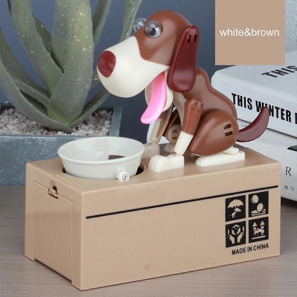Spargris Bank Piggy Mekanisk Choken Mynt Sparande Hungrig Äta Hund Robotisk, 100% Ny whitebrown