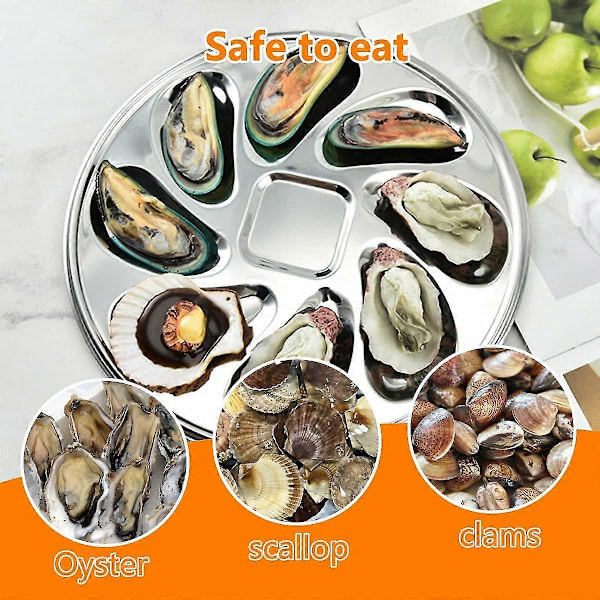 Osterilautanen, 2 kpl ruostumattomasta teräksestä valmistettuja osterilautasia, simpukankuoren muotoinen kestävä osteriastia, jossa 8 paikkaa osterikastikkeelle ja sitruunoille [PB]