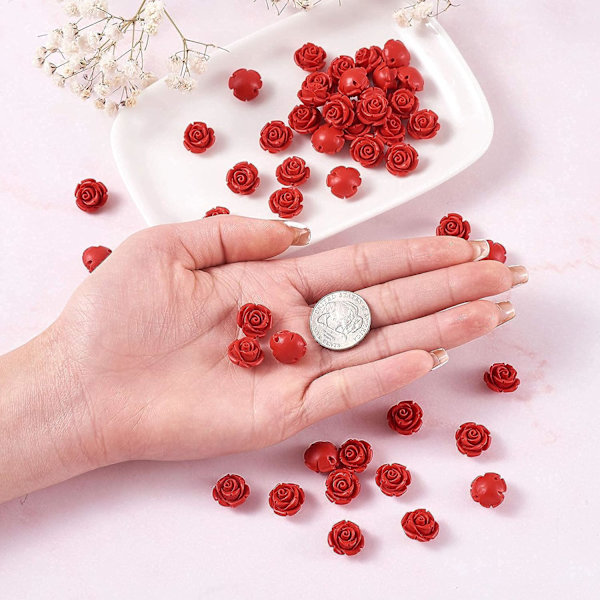 50 st röda rosen cinnoberpärlor detaljerade snidade blompärlor distanspärlor 12,5 mm rosenblad länkar berlocker pärlhål: 1,5 mm