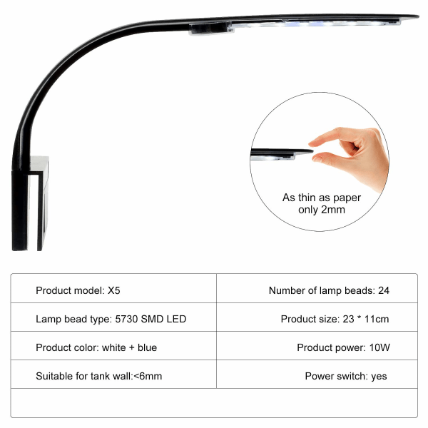 LED-akvarielampe med hvidt, e og blåt lys, 2,5A, sort