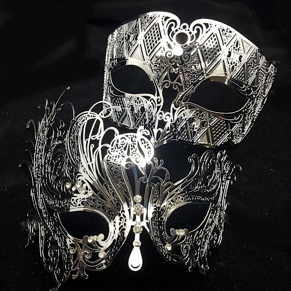 Svart Silver Guld Metall Filigran Laser Skuren Par Venetian Mask Bröllop Boll Mask Halloween Maskerad Kostym Masker Set Rose Gold