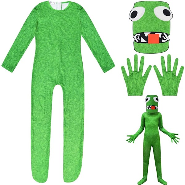 Rainbow Friends Kostymer Halloween Cosplay Jumpsuit Pojkar Klä Ut Sig Låtsas Mask Handskar 3Pcs Spel Grön Monster Outfit för Barn (130)