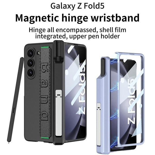 Z Fold 5-deksel, slankt PC-deksel for Samsung Galaxy Z Fold 5 med magnetisk hengselbeskyttelse, skjermbeskytter og armbånd Black For Galaxy Z Fold 5