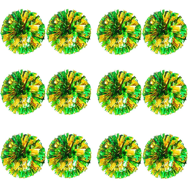 12 stk Cheerleading Pom Poms til Børn, Metallic Folie & Plastik Ring Cheer Pom Poms til Drenge Large Green Gold