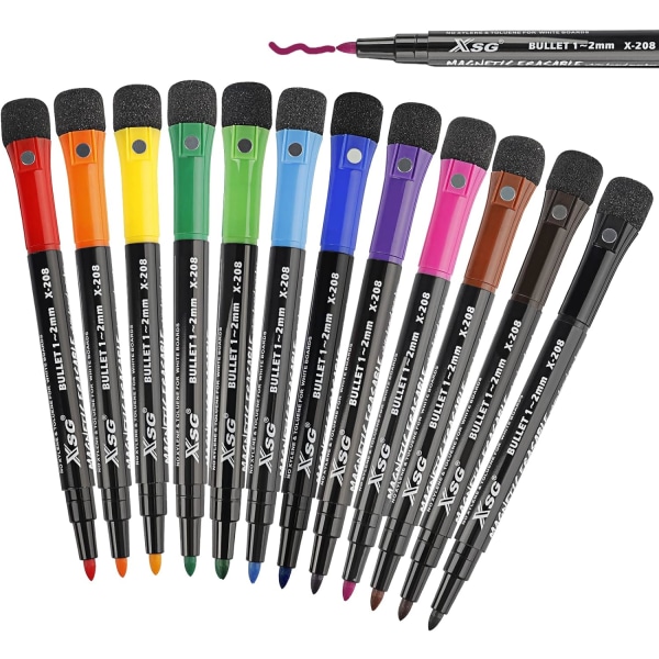 12 magnetiske tavlepenne og viskelædersæt, 12 farver tavlemarkører med fin spids, lugtfattig, ikke-giftige finpunktspenne