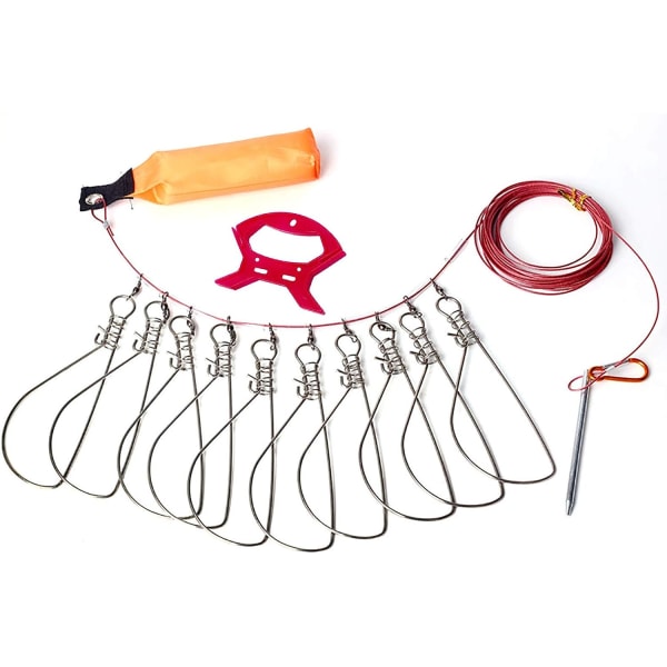 Fishing Stringer Live Fish Lock, med 10 fiskesnaps i rustfrit stål, Big Fish Wire Rope Lock Fiskeholder spændesæt med flyder og plastikhåndtag