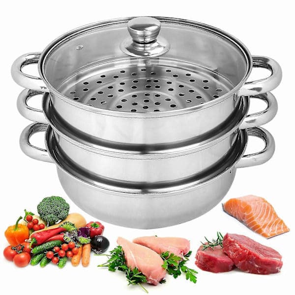 [LCS] 3-lags dampkoger i rustfrit stål, 25 cm gryde med glaslåg
