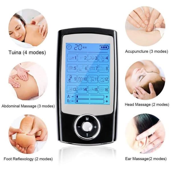 E TENS Elektrostimulator för smärtlindring och EMS muskelstimulering - 16 massageprogram + 8 uppladdningsbara elektroder