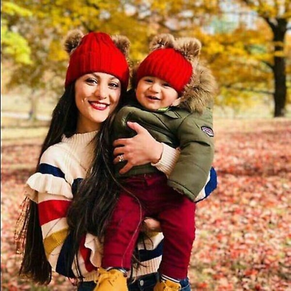 Nyfödd Baby Pojkflicka Dubbel Päls Pom Pom Hatt Vinter Varm Stickad Bobble Beanie Wine Red Kids(0-3Y)
