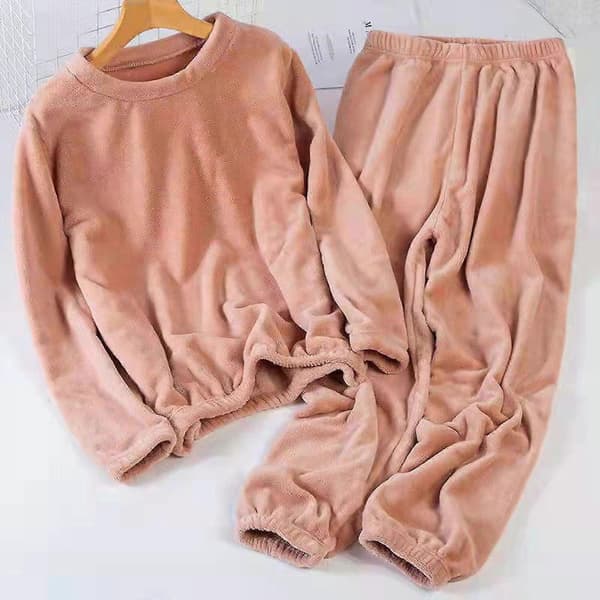 Tykt Varmt Dame Pyjamassæt Ensfarvet Pullover Rund Hals Pyjamas Til Pige Kvinde Kæreste Mor Peach One Size