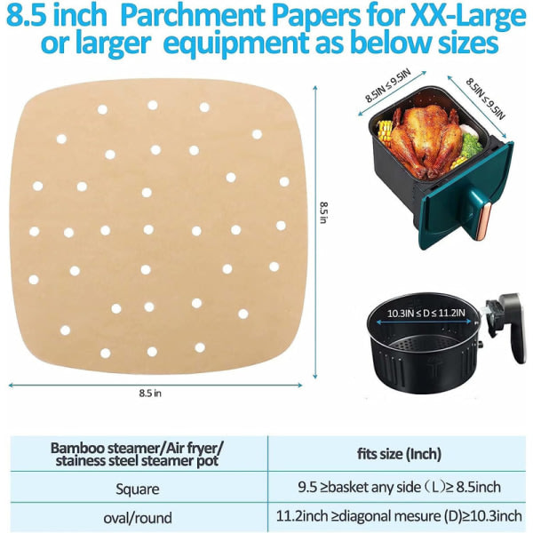 100 stk. firkantede perforerede bagepapir til Airfryer 21,5*21,5cm