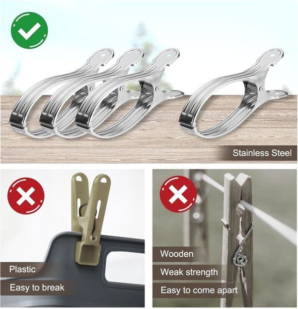 Sett med 6 klesklyper i rustfritt stål for strandhåndklær, store vindtette klesklyper - 160 mm