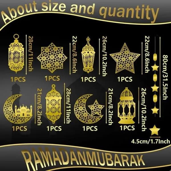 BANNER - Ramadan-dekoration - 8 stykker Ramadan Mubarak-guirlande - Stjerne- og månevedhæng Eid Mubarak
