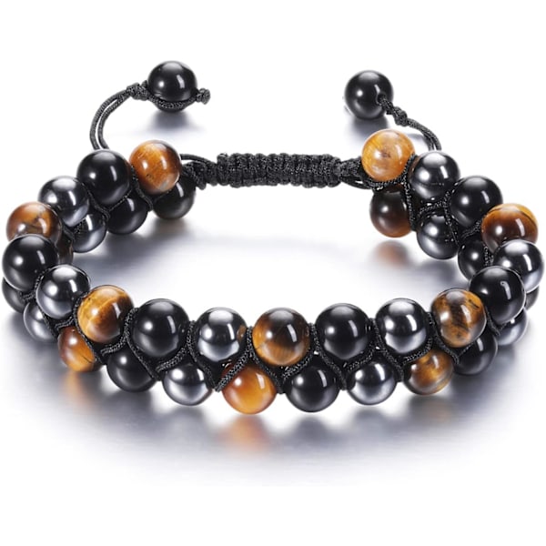 Herrar Svart Obsidian Tigers Eye Hematit Sten Kristall Chakra Pärlor Ångest Dubbla Lager Armband Gåvor till Honom Pojkvän Man