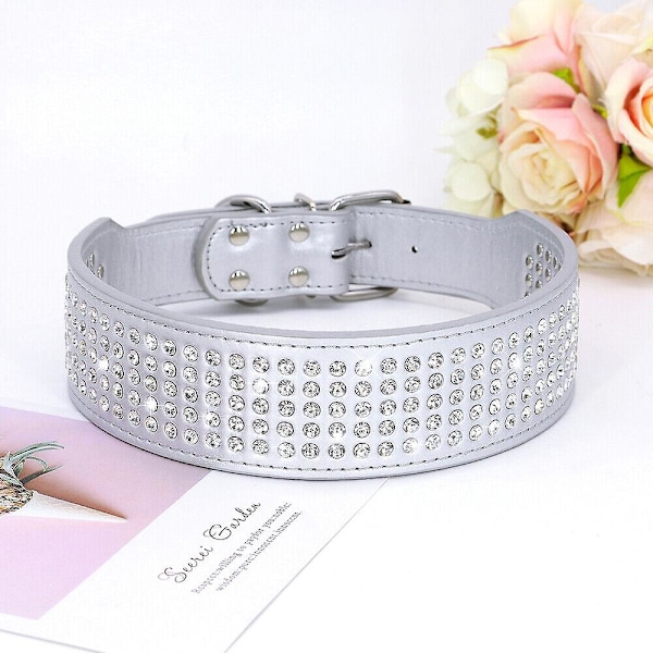5 Rader Strass PU Läder Hundhalsband Diamant Bling för Stora Hundar 2.0\" bred 2XL:Neck 53-60cm Silver