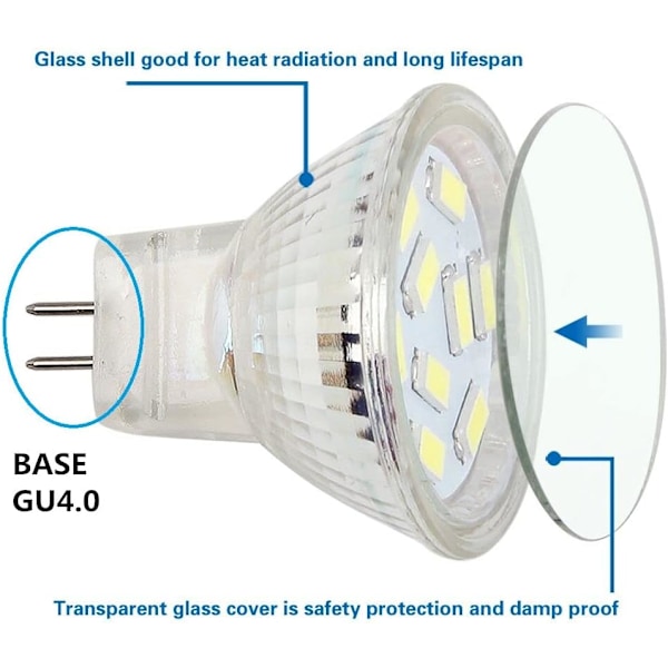 2W MR11 GU4 LED-pære 12 volt kølig hvid 6000K, 20W halogenudskiftning, MR11 G4/GU4.0 LED-spotlys til hjem, landskab, forsænket