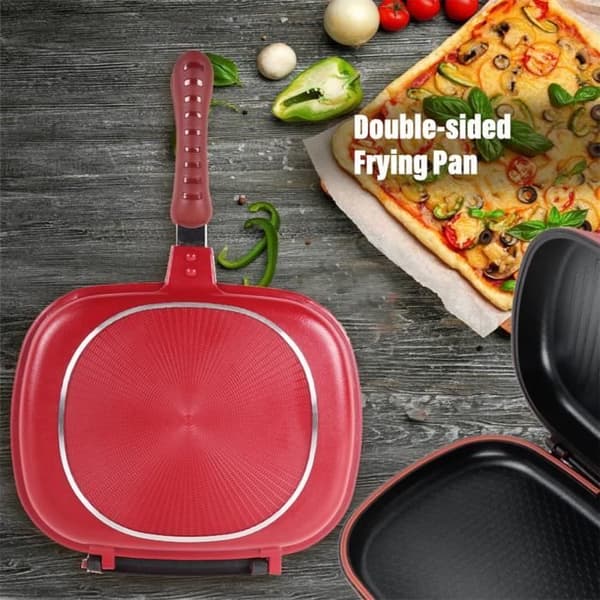 Dobbeltsidig non-stick grillpanne med flat bunn - 28cm - Rød - Magnetisk håndtak