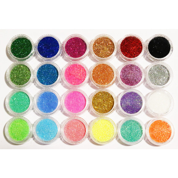 24 burkar glitter för nageldekoration i flera färger
