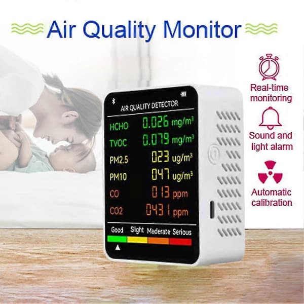 6-i-1 PM2.5 PM10 HCHO TVOC CO CO2 Multifunksjonell Luftkvalitetsdetektor CO Karbondioksid white