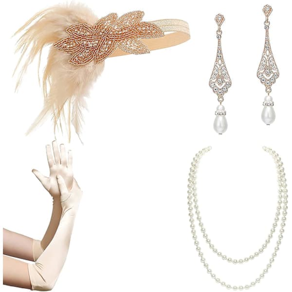 1920'er Flapper Tilbehør Gatsby Kostume Tilbehør Sæt 20'er Flapper Pandebånd Perlehalskæde Handsker Plastikholder