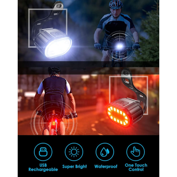 USB-oppladbar sykkellyssett, 350 lumen superlys foran og bak LED-baklys, vanntett IPX5, 4/6 moduser, modusminne