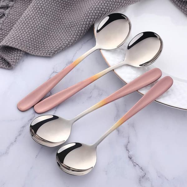 Bouillon ske sæt, 7-tommer runde suppeskeer, rustfrit stål færdig spiseske (gradient rosaguld) rose