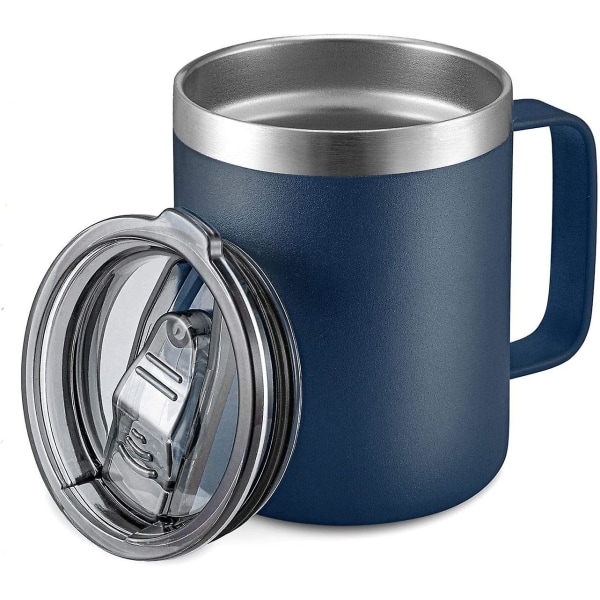 12 oz rustfritt stål isolert kaffekrus med håndtak, dobbelvegg vakuum reisekrus, glasskopp med skyvelokk, marineblå