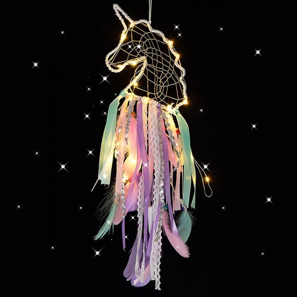 Yksisarvinen unesieppari LED-valolla, höyhenen unesiepparilla koristeltu käsintehty unesieppari tytöille ja lapsille Makuuhuoneen seinäsisustus-violetti Dream Catche