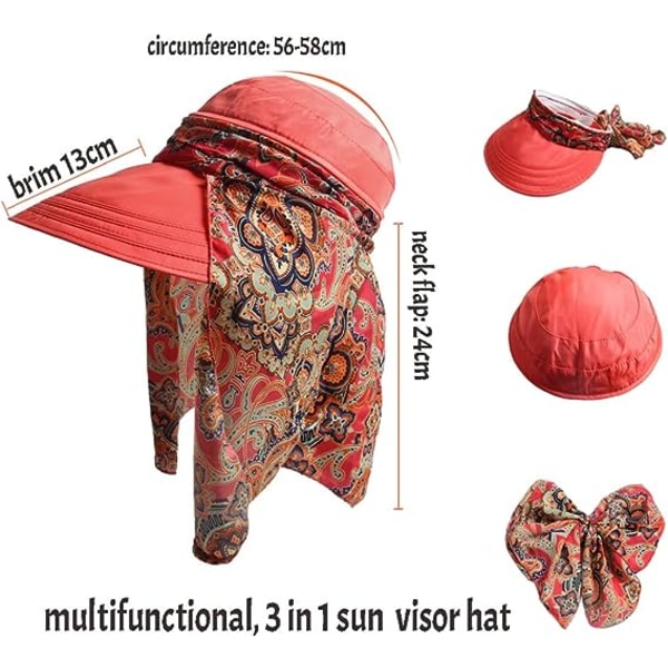 Naisten leveälierinen aurinkohattu taitettava aurinkosuoja UPF 50+ Floppy Beach Hat Tyhjä silinteri, jossa irrotettava cover ja vetoketjullinen suoja (vesimeloninpunainen)