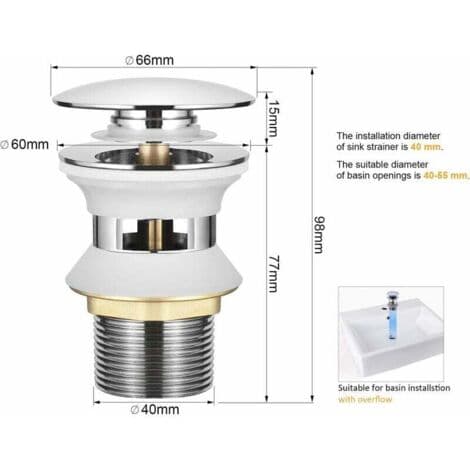 Universal håndvaskbundventil med overløb – Automatisk pop-up mekanisme – Nem 1-1/4\" installation – Holdbar forkromet messing – BAD 1-1