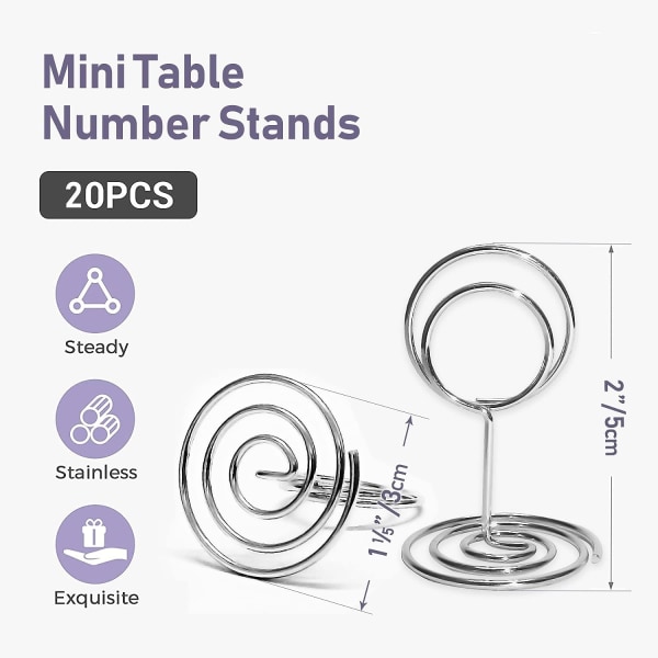 Bordnummerholdere 20 stk - 2 tommers mini bordkortholder Kort bordnummerstativ for bryllupsfest Konfirmasjonsdekorasjoner Kontormemo (sølv)