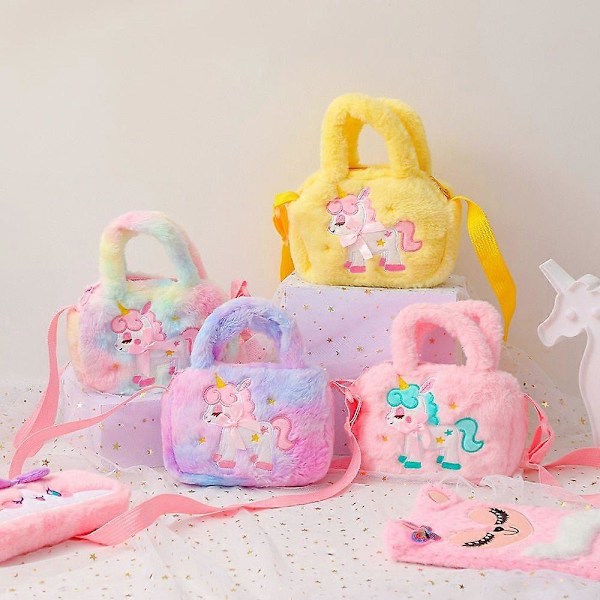 Unicorn Veske Jenter Plysj Skuldervesker Mini Håndveske Barn Nøkler Myntveske Pink