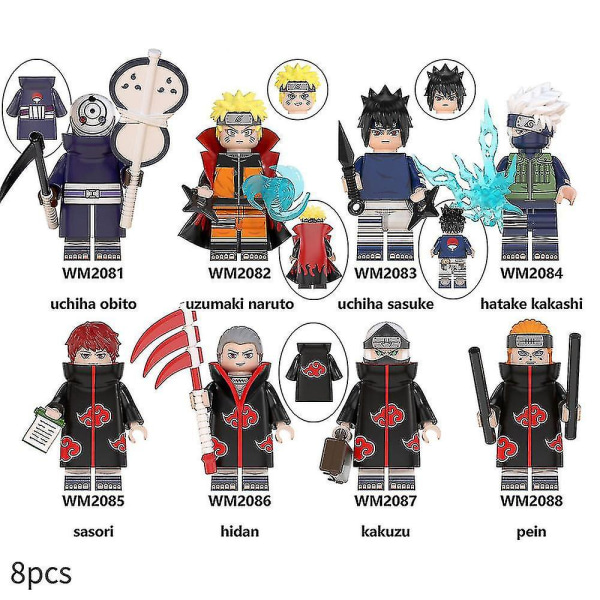 8 st/ set Naruto Anime Byggstenar Actionfigurer Uzumaki Sasuke Kakashi Montering Minifigurer Leksaker Barn Fans Samlarpresent