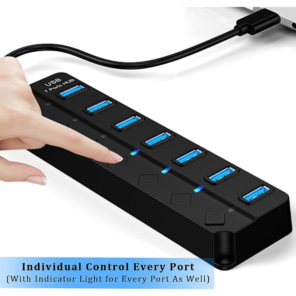USB 3.0 -keskitin, 7-porttinen USB-laajennuskeskitin kannettavalle tietokoneelle, usean USB-portin laajenninjakaja kannettavalle tietokoneelle, tietokoneelle kaikki USB-oheislaitteet (7-porttinen USB 3.0 -keskitin)