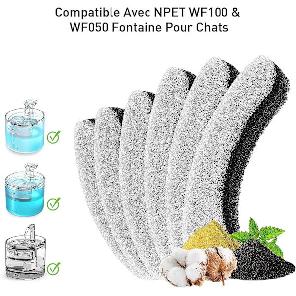 6 st kattvattenfontänfilter, Wf050tp, Wf100 transparent dricksvattenkran med super tyst pump, vattenspridare med filter, filterbyte