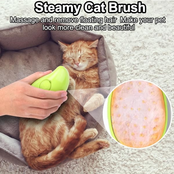 Steamy Cat Brush - 3-i-1 selvrensende massasjebørste - Oppladbar silikonbørste for kjæledyrhårfjerning (grønn)