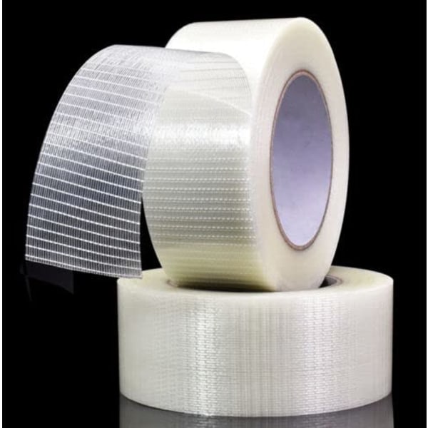 1 pakkaus vahvaa ristikudosvahvistettua teippiä, läpinäkyvää kaksisuuntaista filamenttiteippiä, lasikuituteippiä, 50 mm x 50 m