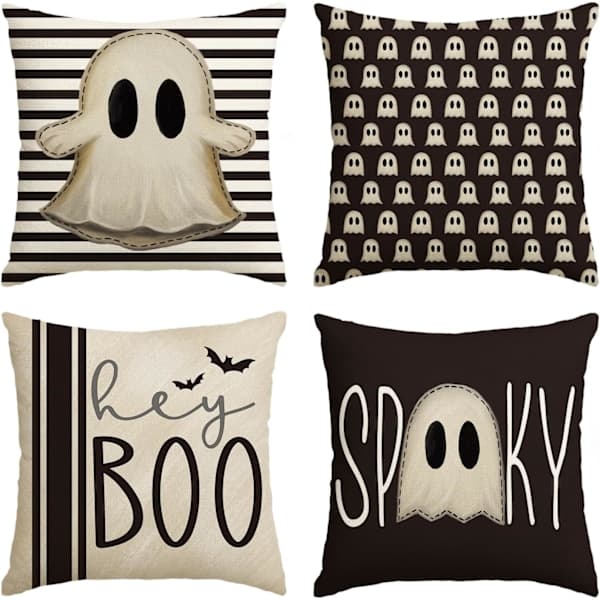 Halloween Hey Boo Søde Spøgelser Skræmmende Pudebetræk, 18 x 18 Tommer Gyser Pudebetræk til Sofa Sæt med 4, Sort