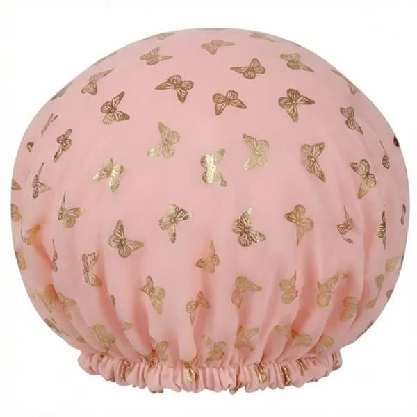 Gjenbrukbar vanntett dusjhette for kvinner, elastisk kant, gull sommerfuglmønster, 27 cm diameter, for tørt hår